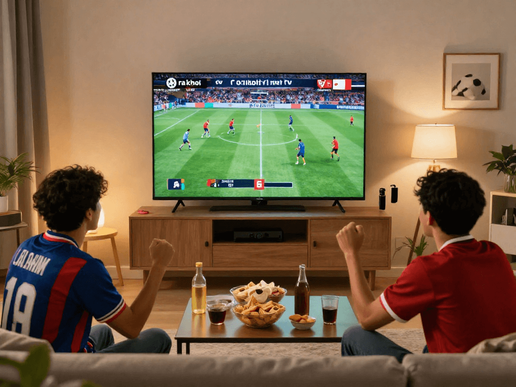 Enthusiastic fan enjoying live football on ra khơi tv with friends, snacks, and team gear.